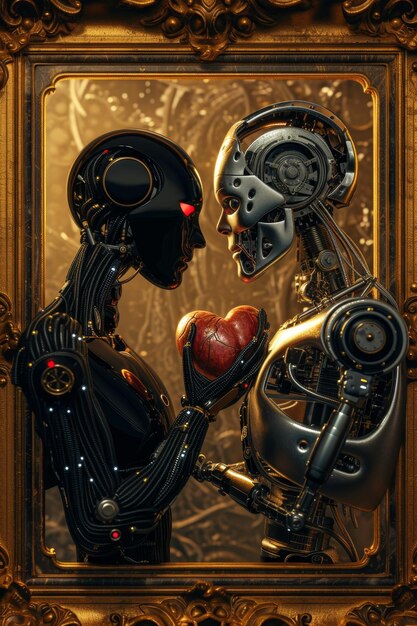 Verliebte Roboter Ein Paar Cyborgs stehen gegenüber einander und halten ein Herz in ihren Händen