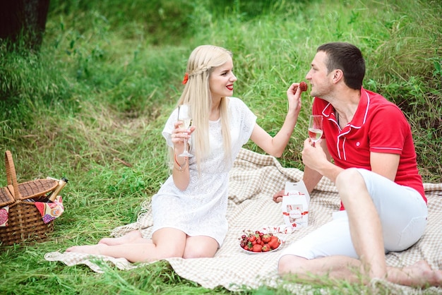 Verliebtes paar bei einem picknick in einem park mit grünem gras