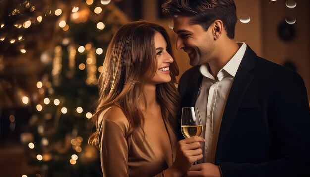 Verliebtes Paar in Nahaufnahme mit einem Glas Champagner am Silvesterabend