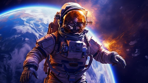 Verloren in den Weiten des Weltraums Ein einsamer Astronaut blickt in der Ferne auf die Erde. Generative KI