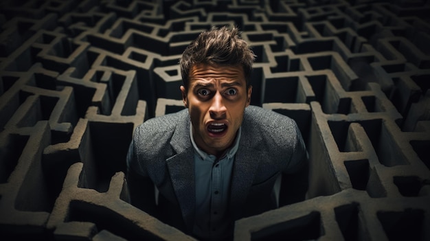 Verlorene in einem Labyrinth schockiert Gesicht eines Mannes dunkler Hintergrund mit einem Ort für Text