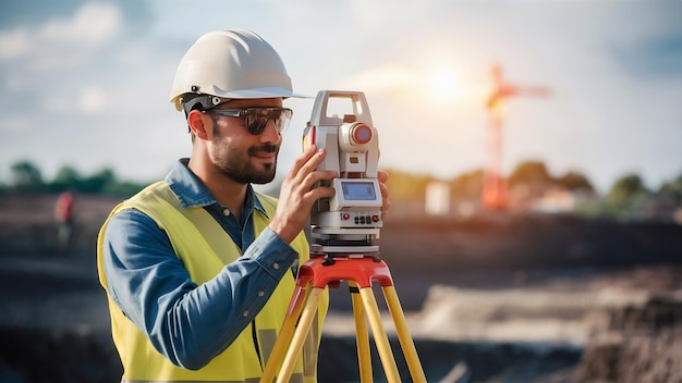 Vermessungsarbeiter mit Theodolit-Ausrüstung auf der Baustelle