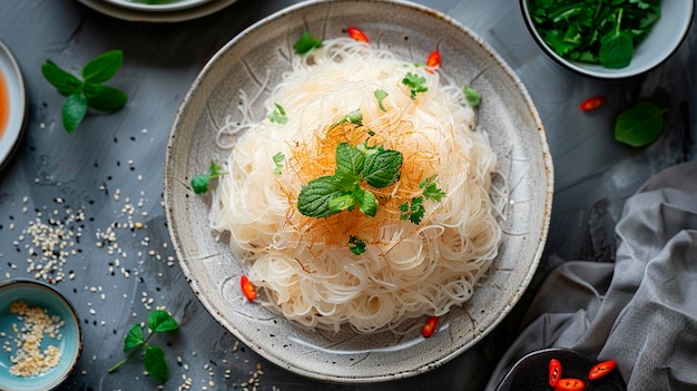 Vermicelli mit Garnelen und Pilzen auf einem Teller selektiver Fokus