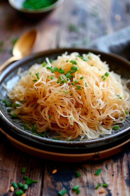 Vermicelli mit Garnelen und Pilzen auf einem Teller selektiver Fokus