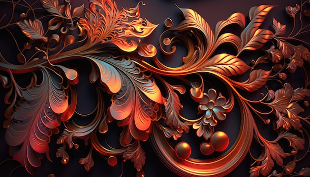 Vermillion Abstract Metal Ornate Vine and Flower Pattern Generative AI