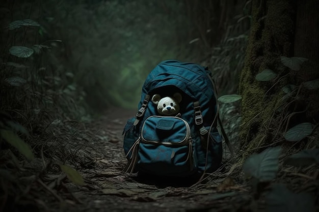 Vermisstes Kinderkonzept Verlassener Kinderschulrucksack mit Teddybär vergessen im dunklen Wald Generative KI