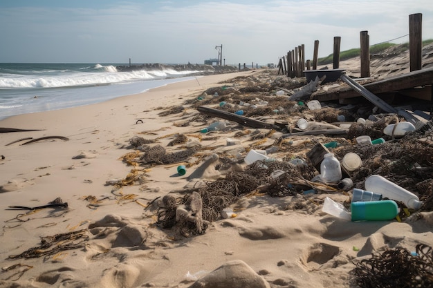 Vermüllter Strand mit angeschwemmtem Müll und Trümmern