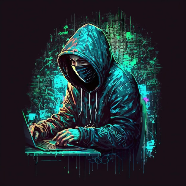 Vermummter Hacker mit Laptop bei der Arbeit Symbol für das Darknet und illegale Aktivitäten im Internet Ai generiert