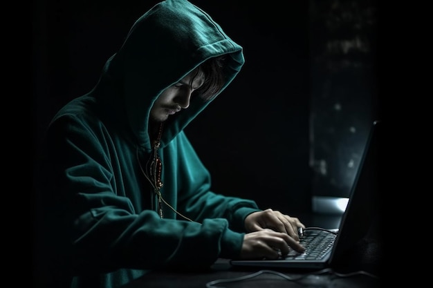 Vermummter Hacker stiehlt nachts in einem dunklen Raum Daten vom Laptop