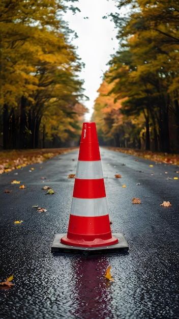 Veröffentlichen Bau Kegel auf der Straße im Herbst saisonale Verkehrssicherheit Vertical Mobile Wallpaper