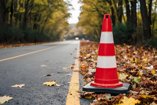 Foto veröffentlichen bau kegel auf der straße im herbst saisonale verkehrssicherheit