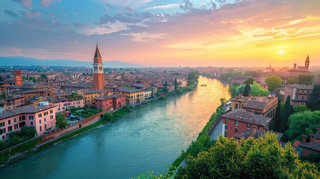 Foto verona, itália, paisagem urbana ao pôr-do-sol com o rio adige