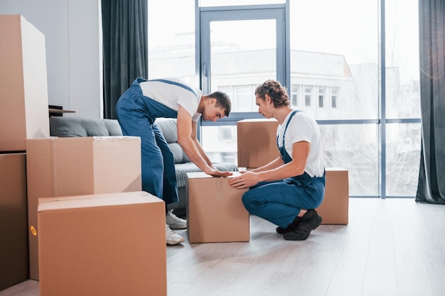 Verpacken der Kiste Zwei junge Umzugshelfer in blauer Uniform, die drinnen im Raum arbeiten