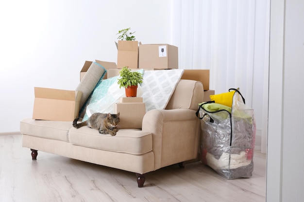 Verpackte Haushaltsgegenstände für den Umzug in ein neues Haus