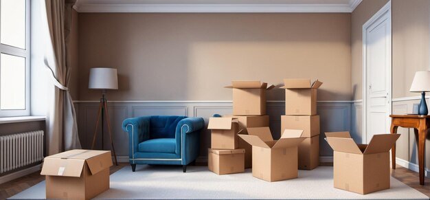 Verpackte Kisten in einer neuen Wohnung mit mehreren Innenräumen