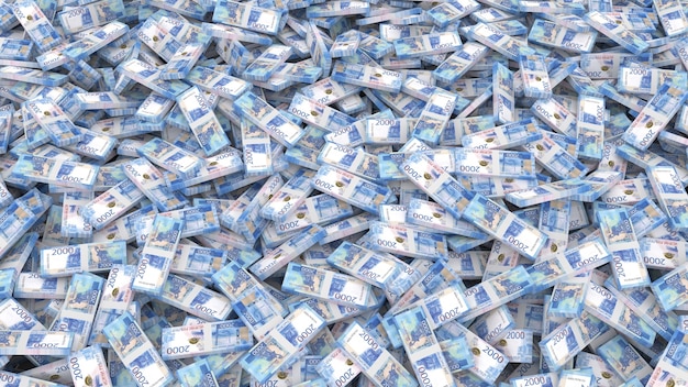 Verpackung von Banknoten in Stückelungen von zweitausend Rubel für den gesamten Rahmen