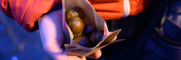 Verpackung von essbar gerösteten roten Kastanien in den Händen eines Mannes auf der Straße. Winter Gourmet Essen. Banner