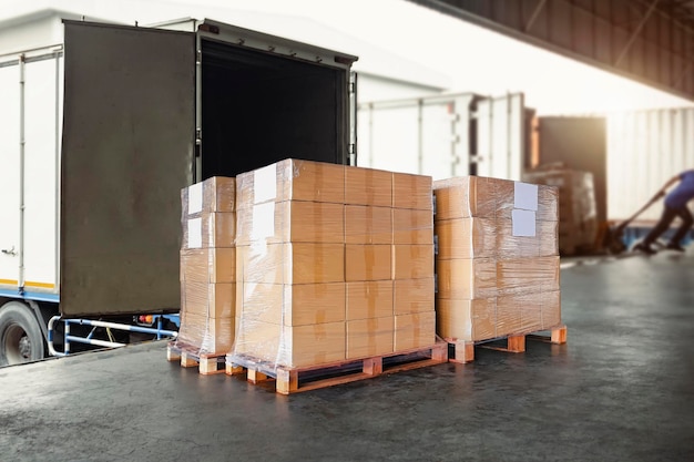 Verpackungsboxen mit Kunststoff umwickelt auf Paletten, die in Frachtcontainer-Lieferwagen-Logistik geladen werden