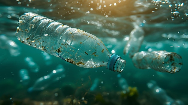 Verringerung der Verschmutzung durch Plastikabfälle Ökologie Problem Flaschen, die unter Wasser schwimmen