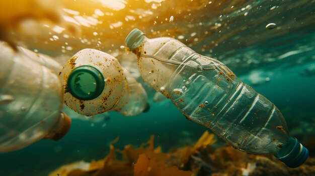 Verringerung der Verschmutzung durch Plastikabfälle Ökologie Problem Flaschen, die unter Wasser schwimmen