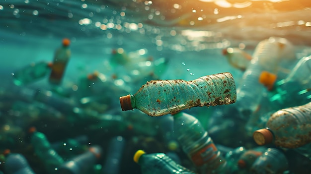 Verringerung der Verschmutzung durch Plastikabfälle Ökologie Problem Flaschen, die unter Wasser schwimmen