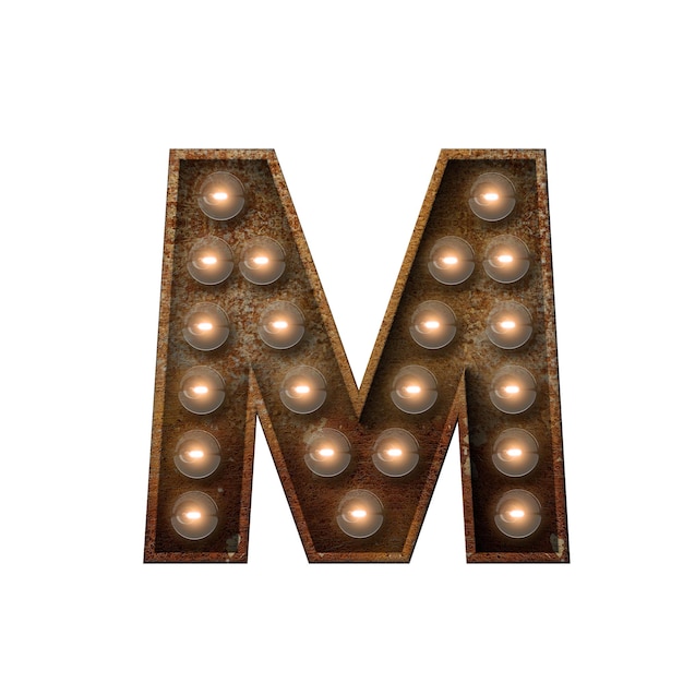 Verrosteter Metallbuchstabe M Glühbirne Schriftart 3D-Rendering