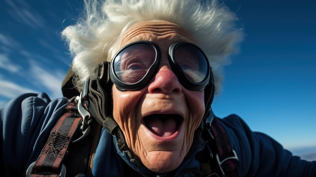 Verrückte alte Frau, die Fallschirmspringen übt