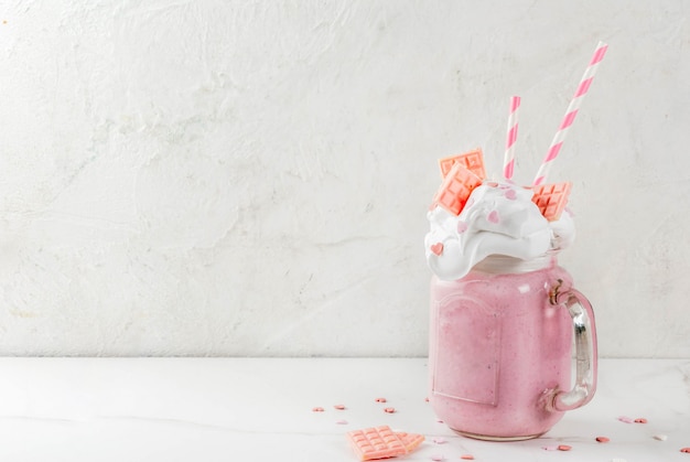 Verrückte Erschütterung, romantisches Milchshake für Valentinstag mit Herzen der Erdbeere, der weißen Schokolade und der Zuckersüßigkeit, auf weißem Hintergrund, copyspace