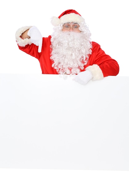 Verrückte fröhliche Weihnachtsmann in der Nähe von Copy Space Bereich isoliert über weißem Hintergrund Konzept der frohen Weihnachten und des neuen Jahres