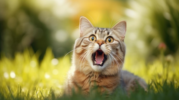 Verrückte schreiende Katze in der Natur im Gras Katze mit offenem Mund Platz für Text