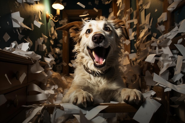 Foto verrückter, glücklicher hund, der zu hause chaos anrichtet