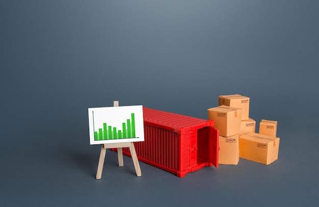 Versandbehälter und Kisten in der Nähe der Staffelei mit positivem Wachstumsdiagramm Erholung des Welthandelsverkehrs