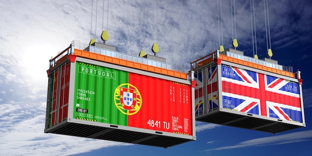 Versandcontainer mit den Flaggen Portugals und des Vereinigten Königreichs 3D-Illustration