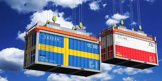 Versandcontainer mit den Flaggen Schwedens und Polens 3D-Illustration