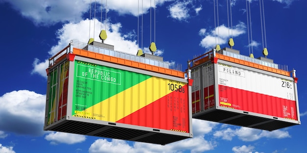 Versandcontainer mit Fahnen des Kongo und Polens 3D-Illustration