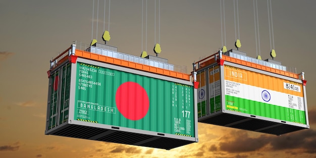 Versandcontainer mit Flaggen Bangladeschs und Indiens 3D-Illustration