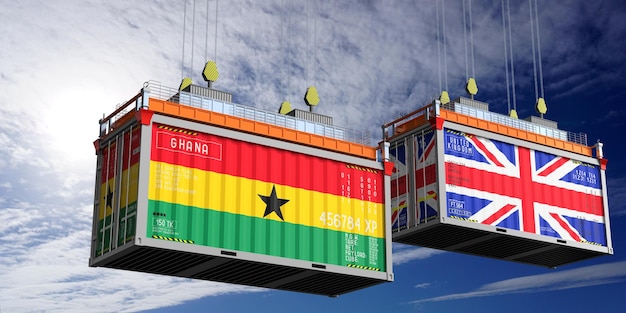 Versandcontainer mit Flaggen Ghanas und des Vereinigten Königreichs 3D-Illustration
