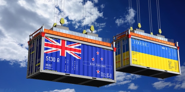 Versandcontainer mit Flaggen Neuseelands und der Ukraine 3D-Illustration