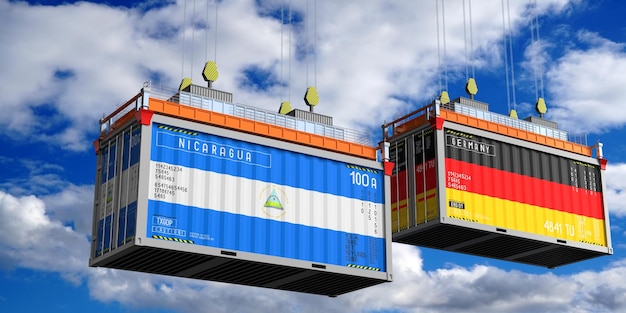 Versandcontainer mit Flaggen von Nicaragua und Deutschland 3D-Illustration
