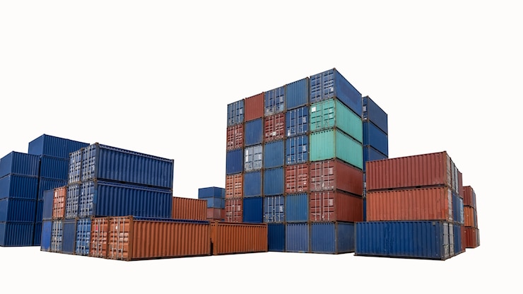 Foto versandcontainerstapel auf weißem hintergrund isolet für den frachttransport