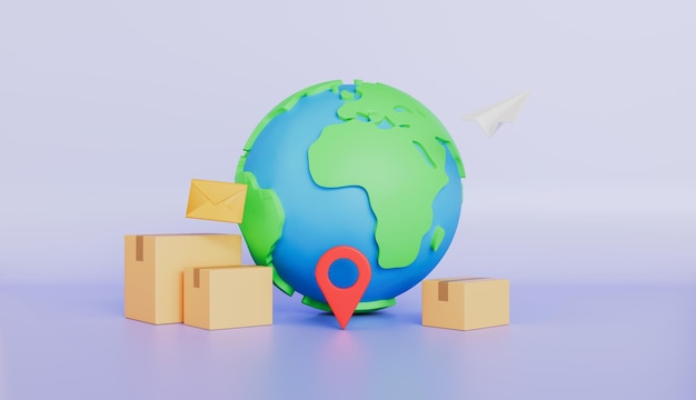 Versandlieferung mit Globus-Symbol und Kartonkisten Schnellversand Paketkisten Punktmarker Karten