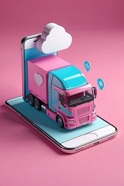 Versandlieferung mit Lastwagen und Stiftzeiger markiert den Standort mit Smartphone und Cloud-Lieferung Transportlogistikkonzept auf rosa Hintergrund 3D-Rendering-Illustration