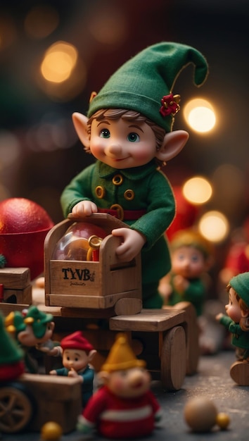 Foto versão em miniatura da oficina do papai noel com elfos a trabalhar em brinquedos e decorações.