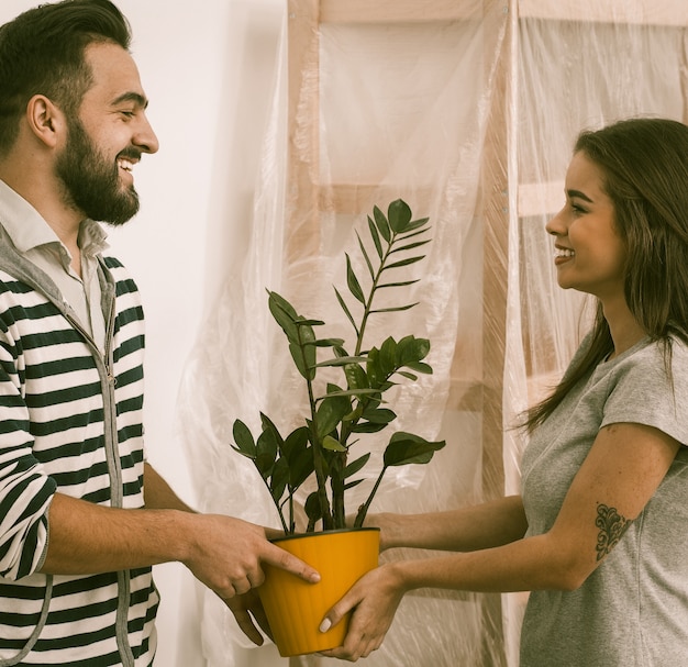 Verschieben des jungen Paares, das gelben Blumentopf hält.