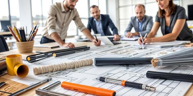 Verschiedene architektonische Vorräte am Arbeitsplatz mit Architekten im Hintergrund Fokus auf dem Vordergrund verschwommen zurück