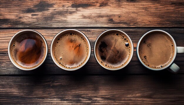 Verschiedene aromatische Kaffeetassen, die auf einem rustikalen Holztisch in einer entzückenden Sicht von oben angeordnet sind