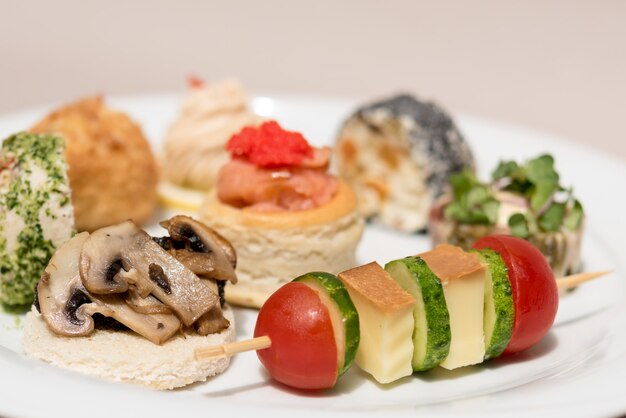 Verschiedene Arten von Canapes, auf weißen Platten, Fingerfood