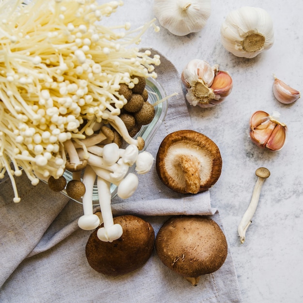 Foto verschiedene arten von essbaren pilzen und knoblauch