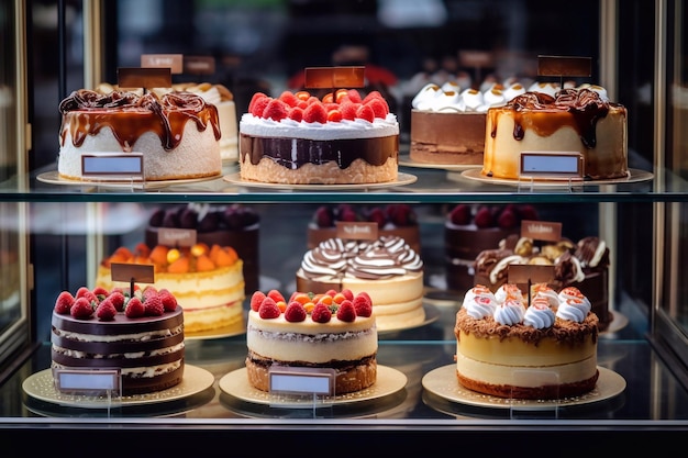 Verschiedene Arten von Kuchen in einer Glasvitrine einer Konditorei