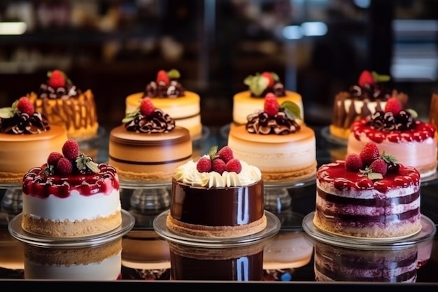 Verschiedene Arten von Kuchen in einer Glasvitrine eines Süßwarenladen